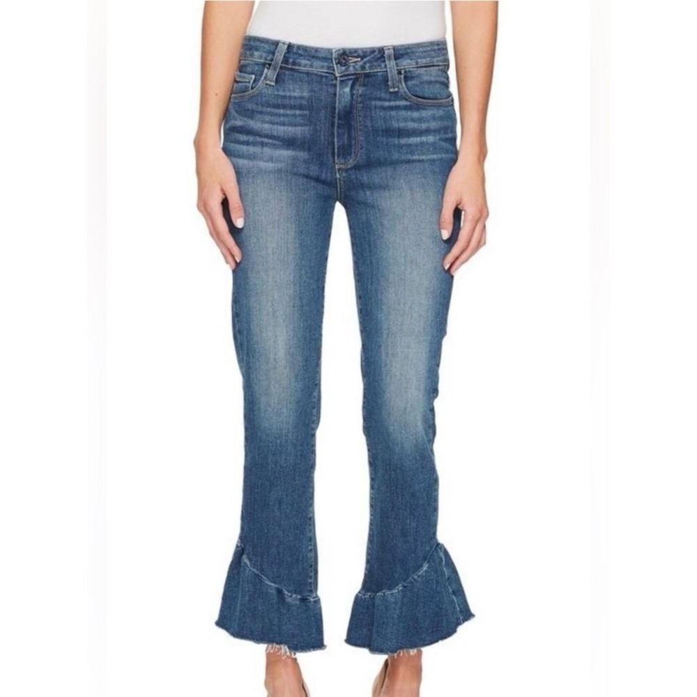 PAIGE Flora Fringe Ruffle Hem Straight Leg Jeans Barkley Medium Wash 25